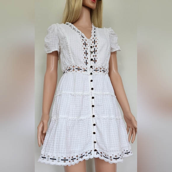 RAHI WHITE BLACK EMBROIDERED CAP PUFF SLEEVES SHORT MINI COTTON DRESS MEDIUM - Picture 1 of 15
